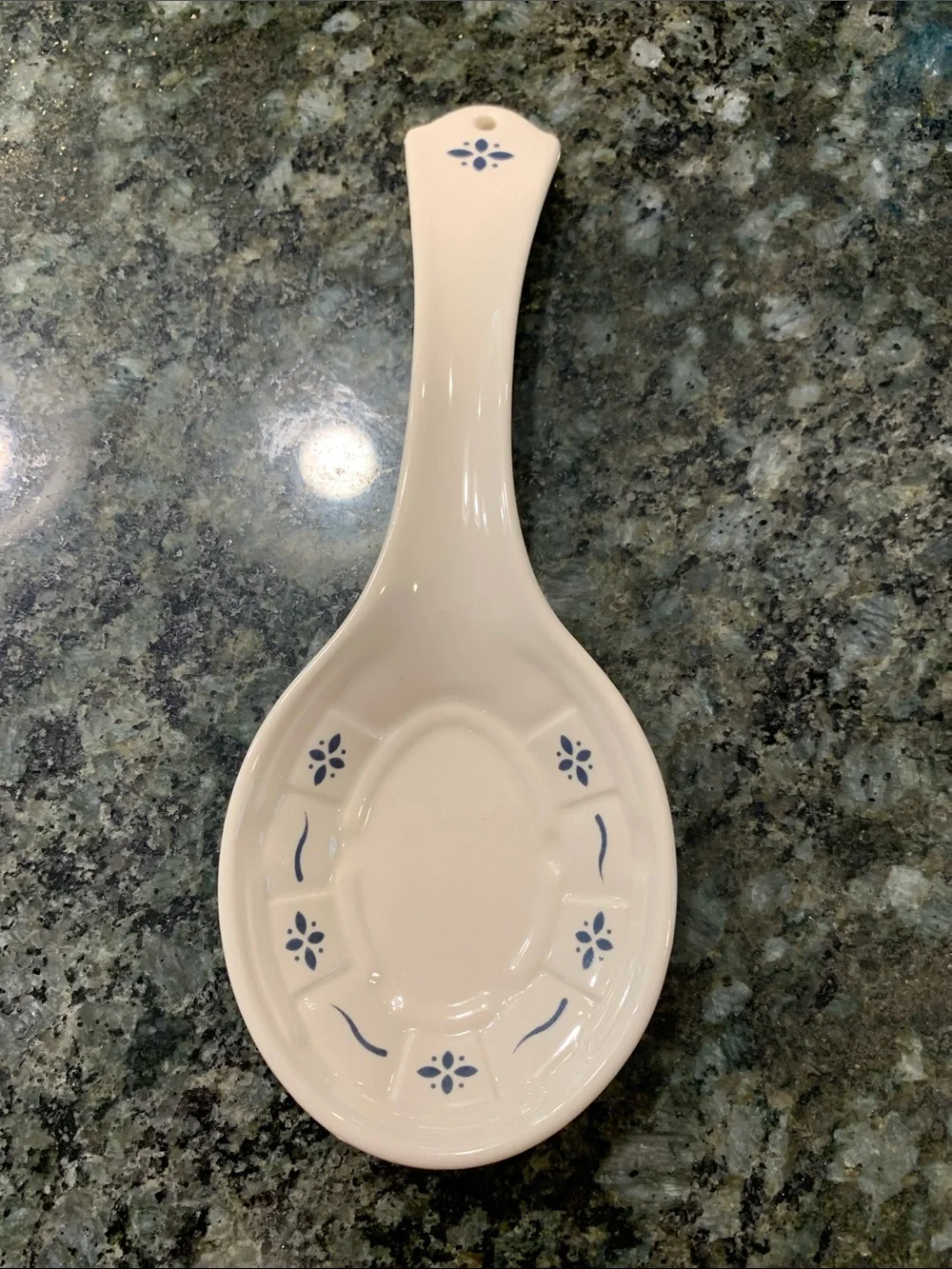 Longeberger Pottery Cream Ceramic Spoon Rest with Blue Floral Accents